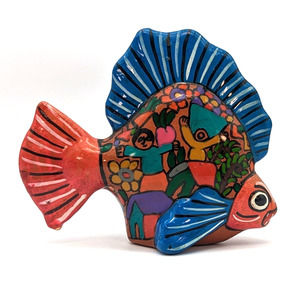Mexican Isidoro Talavera Fish Folk Art Hand Painted Multicolored Mythology Scene